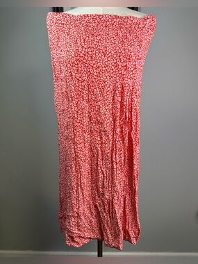 H&M Midi Skirt Floral Size 14 Red Side Zip Side Slit